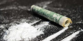 Powder lines,rolled dollar bill on black surface