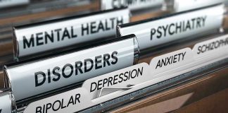 File folders labeled with mental health disorders and psychiatry