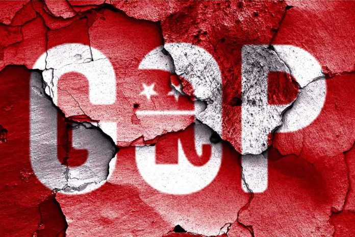 Cracked wall featuring the GOP logo in red and white
