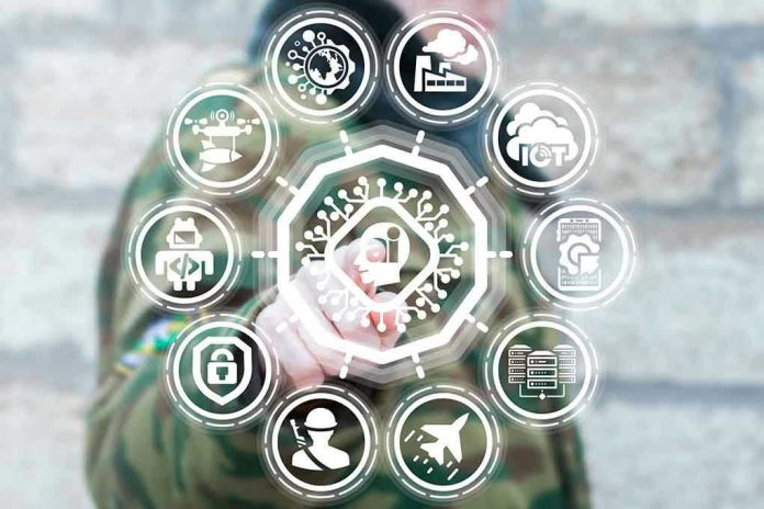 1045491424 Person interacting with futuristic holographic interface and icons.