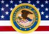 Foreign Firms CAUGHT Stealing U.S. Relief Funds Department of Justice seal on American flag background.