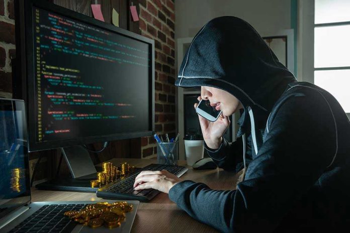 1166668681 Hacker in hood using computer and phone analyzing code