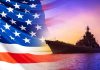 Trump’s Iran War Gamble: Families Demand Victory American flag overlaying warship at sunset.