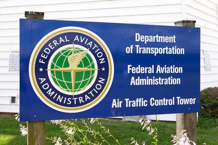 Sign for the Federal Aviation Administration at an air traffic control tower