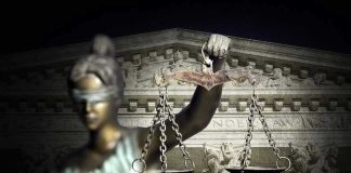 Progressive GROUP PANICS Over Potential Conservative Court Takeover Blindfolded Lady Justice with scales, Supreme Court background.
