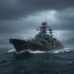 A military ship navigating through a stormy sea with dark clouds and lightning