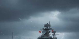 A military ship navigating through a stormy sea with dark clouds and lightning