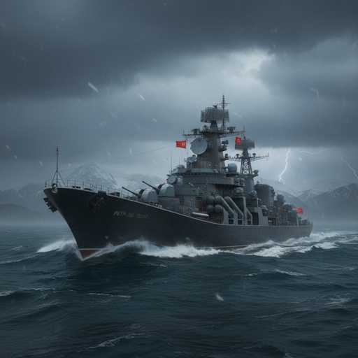 A military ship navigating through a stormy sea with dark clouds and lightning