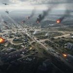 Aerial view of a war-torn city with explosions and smoke