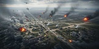 U.S. Strike Abroad Sparks Questions Over Proof and Accountability Aerial view of a war-torn city with explosions and smoke