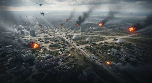 Aerial view of a war-torn city with explosions and smoke