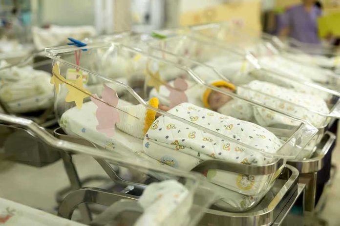 779731516 Newborn babies in a hospital nursery.