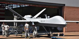 New U.S.–Ukraine Drone Agreement Expands Pentagon Military drone being serviced by ground crew outside a hangar