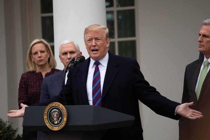shutterstock_1276349389 man speaking at podium with officials standing behind