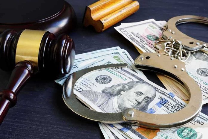 shutterstock_1198448191 Gavel, handcuffs, and cash on a dark table