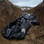 Body bags in a mass grave trench