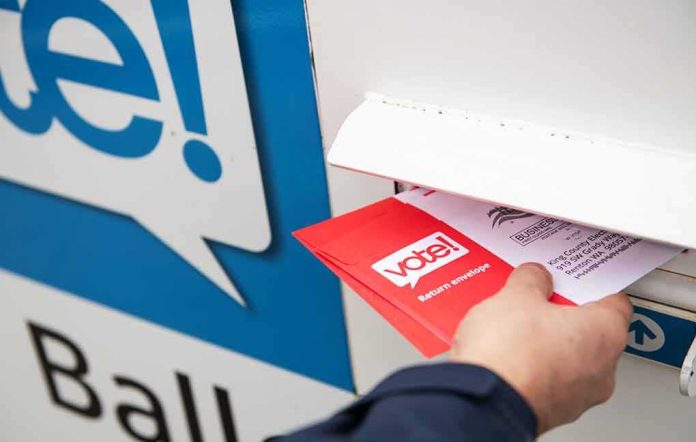 shutterstock_1683236203 Hand inserting mail-in ballot envelope into drop box