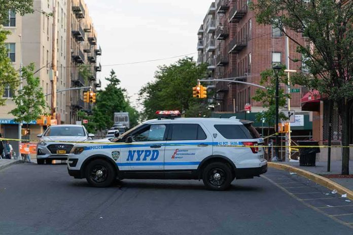 shutterstock_1976471618-1 NYPD police SUV blocking a city street at a taped-off scene