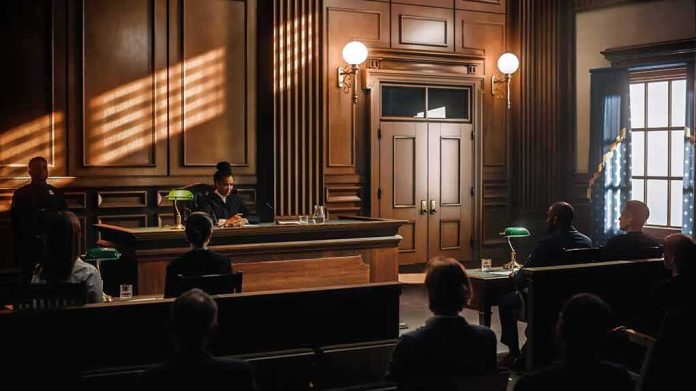Judge presiding in a wood-paneled courtroom