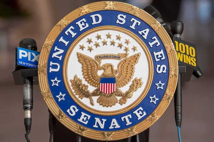 shutterstock_2130082274-1 United States Senate seal at a podium