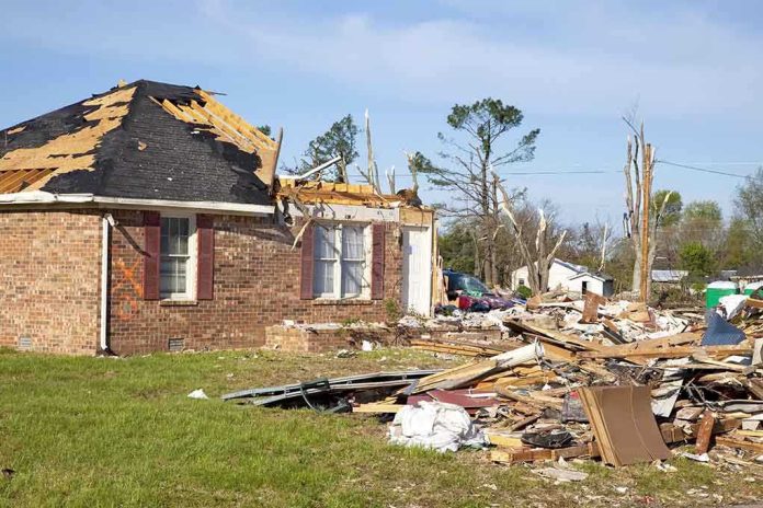 shutterstock_82243450 A severely damaged house with debris scattered around from a storm