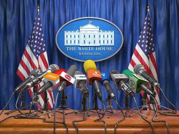 shutterstock_1186435138 Press microphones at a White House briefing podium