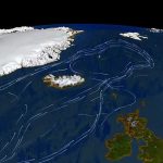Satellite view of North Atlantic with ocean current paths