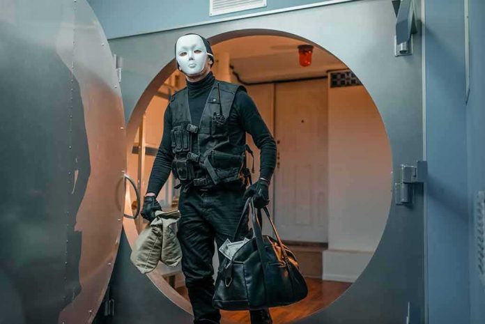 Masked person in tactical gear exiting a vault doorway