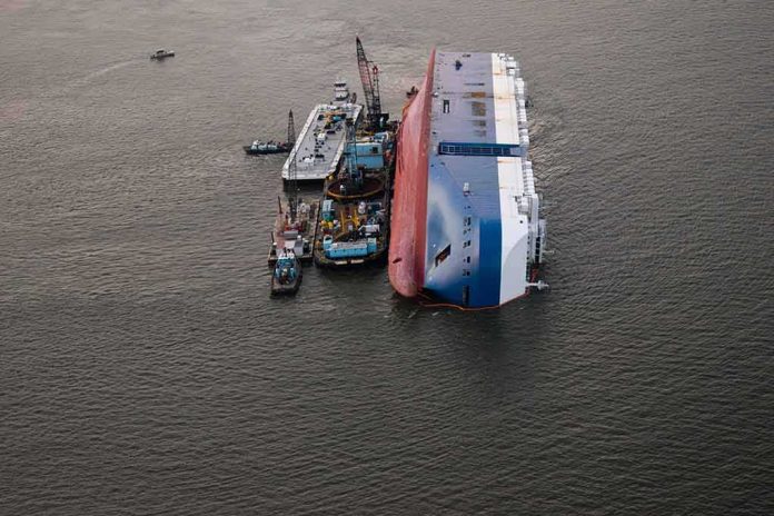 shutterstock_1540854386-1 Capsized cargo ship with salvage vessels alongside
