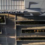 Top-down view of Topgolf entrance with ramps and stairs