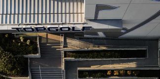 Top-down view of Topgolf entrance with ramps and stairs