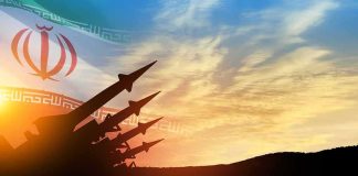 American Defenses Intercept Missiles missile silhouettes under Iran flag at sunset