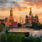 St. Basil's Cathedral and Kremlin towers at sunset