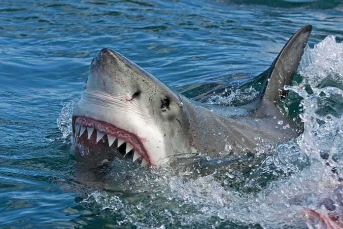 shutterstock_390021130-1 Great white shark surfacing with open mouth