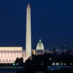 Washington Monument with Capitol and Lincoln Memorial at night