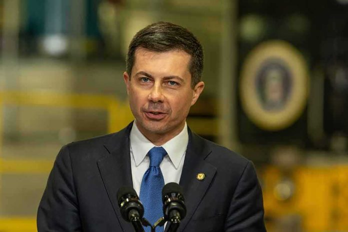 shutterstock_2256332185 Pete Buttigieg speaking at a podium with microphones